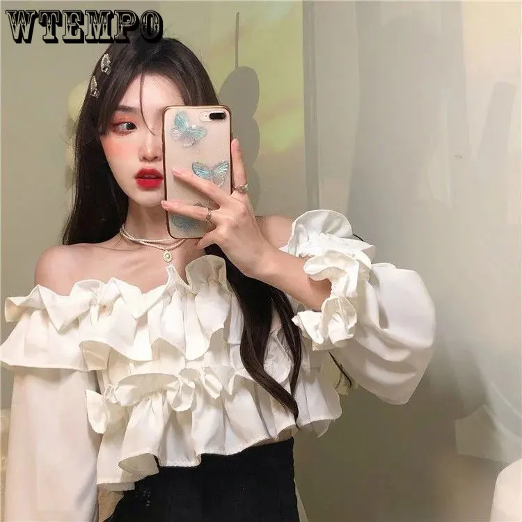 

Ruffled Blouse Long Fuff Sleeve Shirts Top Women Off Shoulder Sexy Shirt Solid Short White Crop Tops Fashion Y2K Blouses 2022