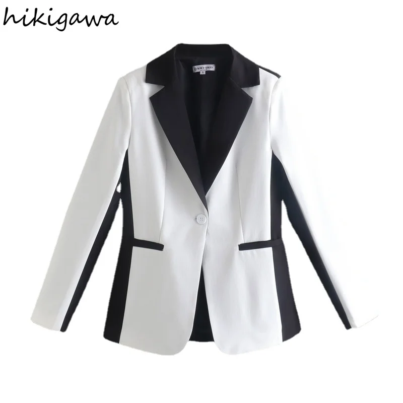 

Hikigawa Women Fashion Notched Patch Pockets Slim Fitting Casual Blazer Jacket Vintage Long Sleeve Female Outerwear Chic Tops