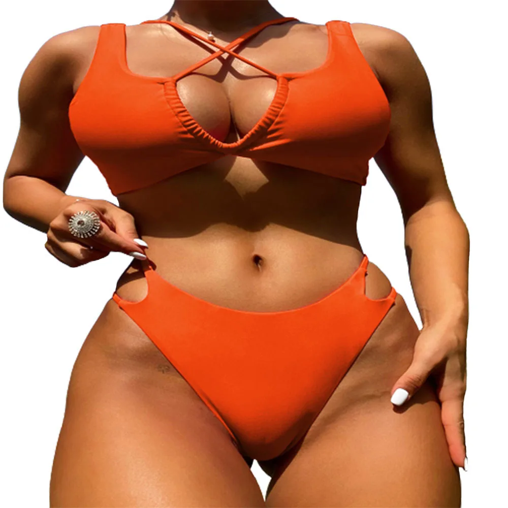 

Женский раздельный купальник с открытой спиной FS, оранжевый купальный костюм из двух предметов с перекрестными лямками, однотонный, пляжны...