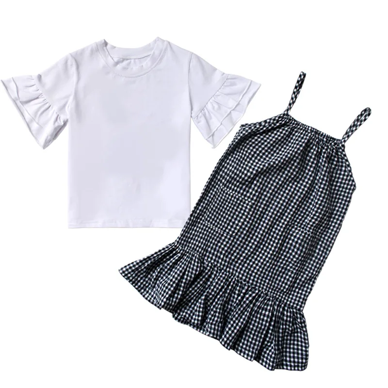 

2022 Summer Girls Clothing Set Kids Solid Brief Shirt and Plaid Dress Set for Girls Comfortable Baby Girls Two Piece Set A197