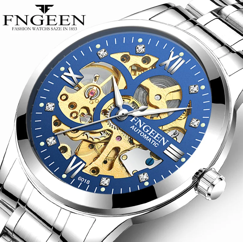 

FNGEEN Gold Automatic Watch Men Stainless Steel Strap Skeleton Mechanical Watches Top Brand Luxury Luminous Pointer Watch 6018