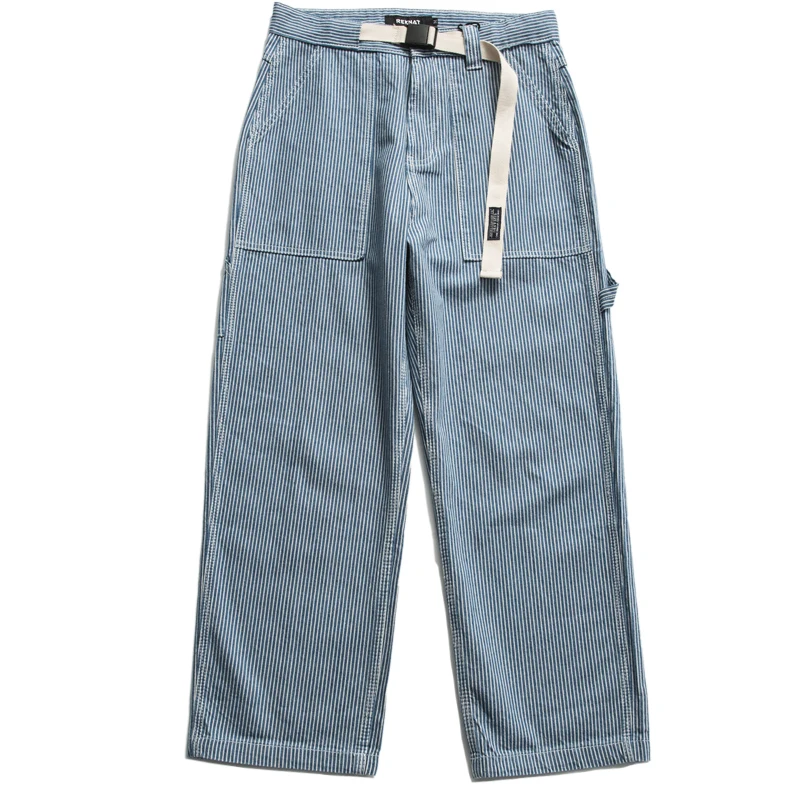 American Light Blue Wash Stripe Work Clothes Loose Straight Men's Youth Wide Leg Denim Pants Multi Pocket Casual Trousers