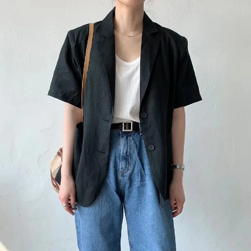 Korean Style Fashion Minimalism Women Black White Casual Linen Blazer Notched Short Sleeve Loose Jacket Tide 2021 Summer Jackets