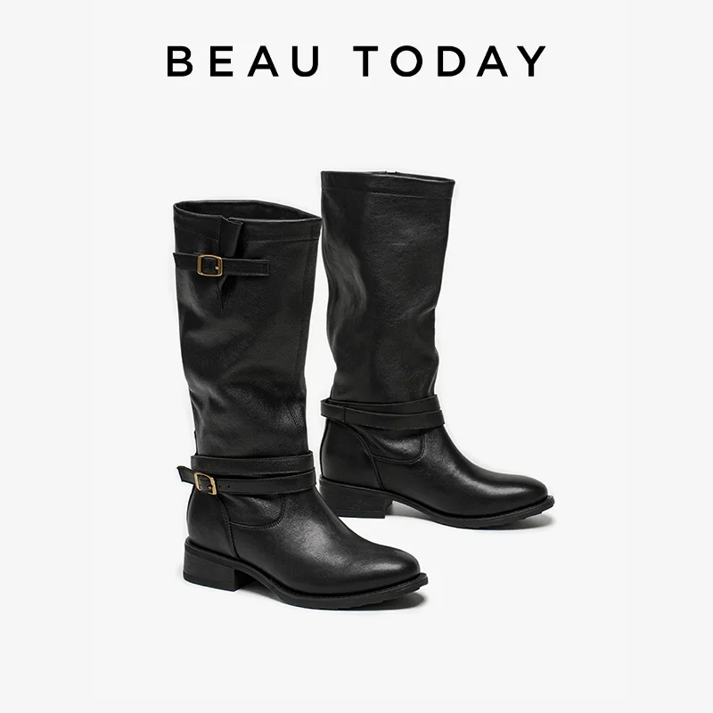 Фото BEAUTODAY/длинные сапоги, женские кожаные сапоги из овчины с круглым носком и двойной пряжкой, винтажные рыцарские сапоги, женская обувь ручной работы 01707 №1