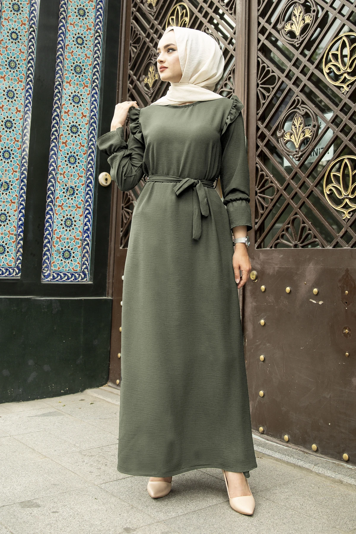 Женское платье с поясом на талии и рюшами NY-цвета хаки, Осень-зима 2021, оригинальный головной платок, Исламская Турция