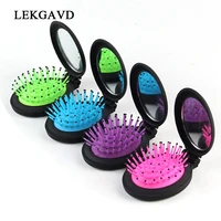 1 pcs new girls portable mini folding comb airbag massage round travel hair brush with mirror cute oval shape