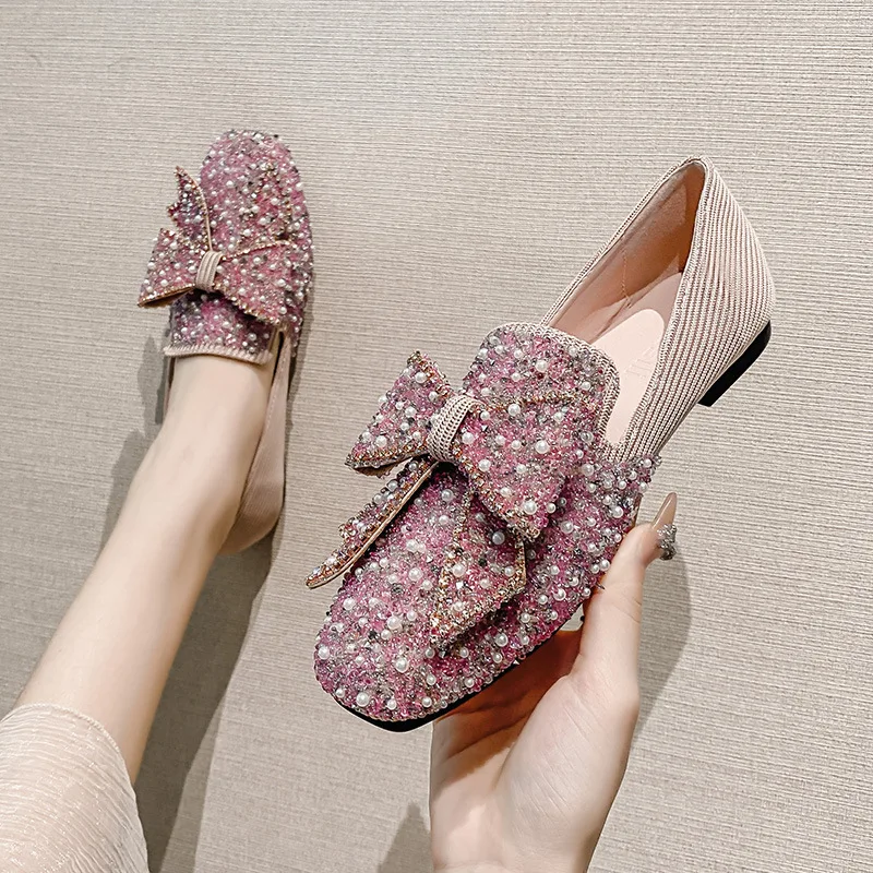 

Female Bow Pearl Flats Spring Korean Style Single Shoes Square Head Shallow Mouth Lightweight Large Size Loafers