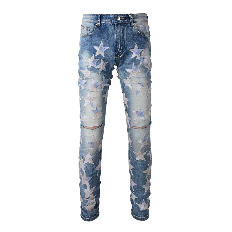 

Men's Light Blue High Street Fashion Style Distressed Slim Embroidered Stars Patchwork Skinny Stretch Damaged Ripped Jeans