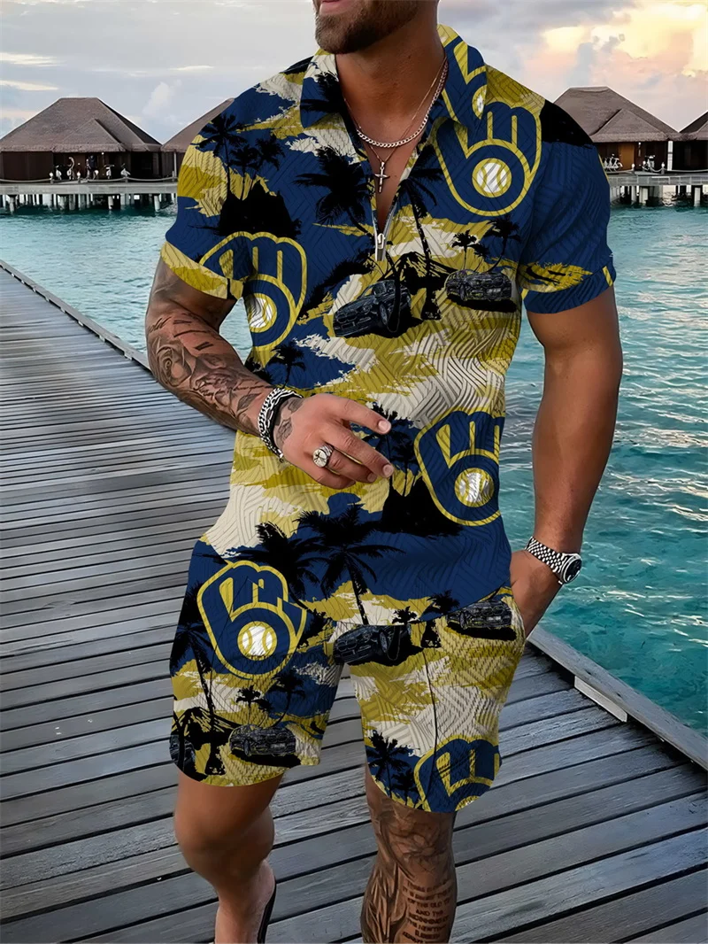 Men's Tracksuit 2 Piece Set Hawaiian Style Print 3D Polo Shirt T Shirt and Shorts Casual Man Clothing Zip-Up Polo Shirt