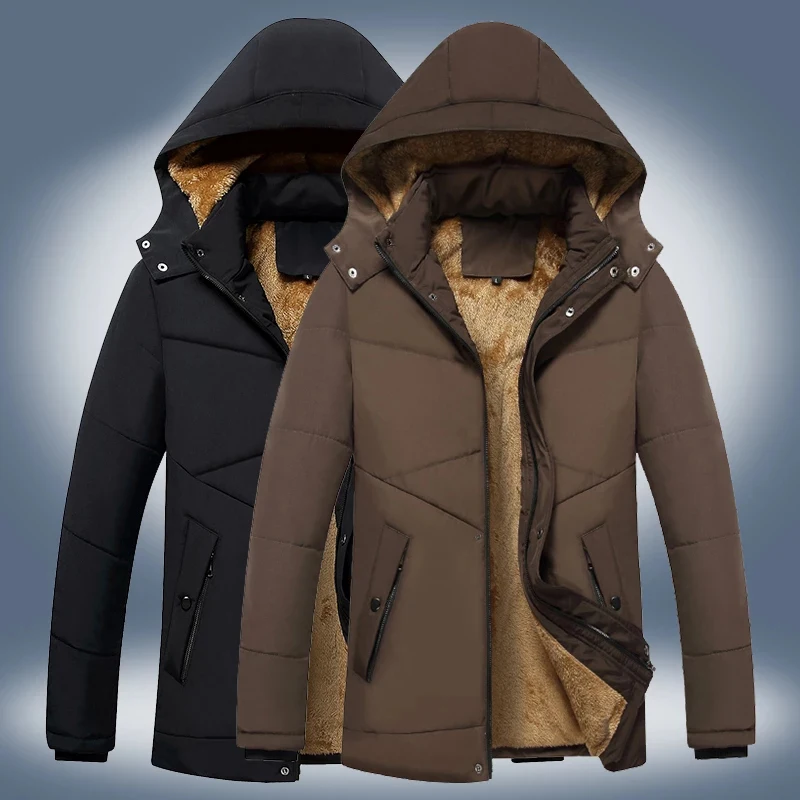 Thick Warm Winter Parka Men Winter Down Jacket Fleece Military Cargo Jackets Solid Mens Plus Size 5XL Hat Detachable Coat