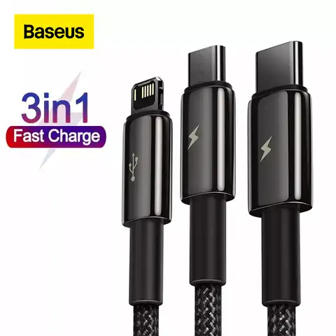 USB-кабель Baseus 3 в 1 для iPhone 13 12 Pro Max, провод для передачи данных и быстрой зарядки Micro USB Type-C для Xiaomi, Samsung, Huawei
