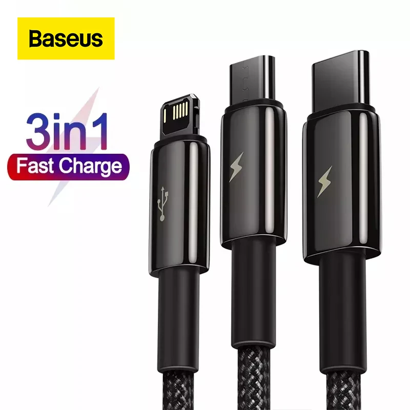 USB-кабель Baseus 3 в 1 для iPhone 13 12 Pro Max провод передачи данных и быстрой зарядки Micro USB