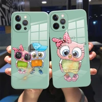 cartoon couples the owl liquid glass phone cases for iphone 12 13 mini 11 12 13 pro xr xs max 7 8 plus lovely cyan back cover