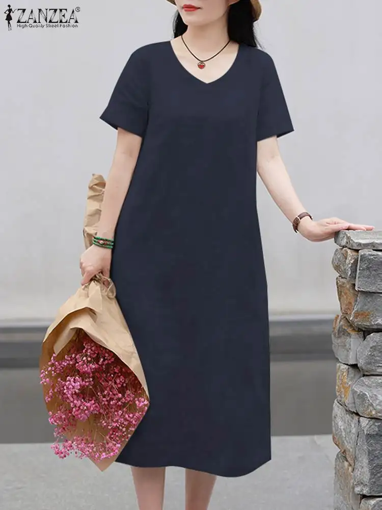 

Fashion Solid Dress Women's Summer Sundress ZANZEA 2023 Casual Short Sleeve Belted Vestido Loose V Neck Holiday Dresses Oversize