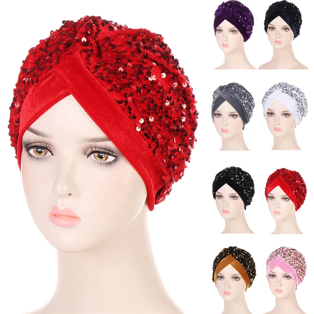 Women Glitter Sequins Turban Hat Fashion Bonnet Twist Solid Color Hijab Chemo Cap Head Wraps Elegant Headscarf Stretchy Headband