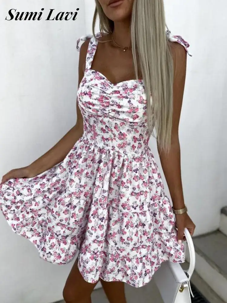 

Fashion Elegant Sleeveless Pleated Dress Women Tube Top Floral Waist Mini Dress Summer Sling Bow Lace Up Short Dresses Vestidos