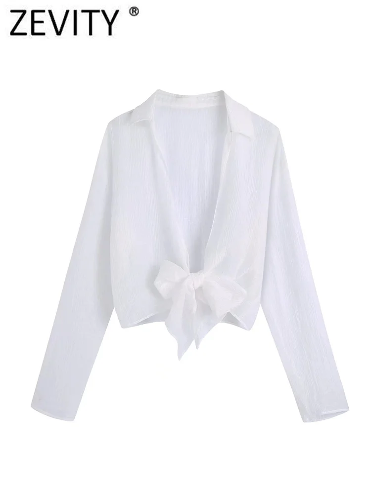 

Zevity Women Fashion Solid Texture Bow Tied Short Blouse Office Lady Long Sleeve Wrapped Kimono Shirt Chemise Blusas Tops LS1505