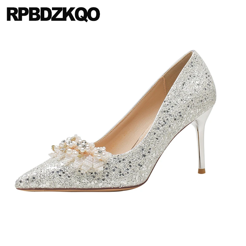 

Ladies Super Metal Gold High Heels Pointed Toe 12cm 5 Inch 11 43 Pumps Size 33 Stiletto Pearl Wedding 10 42 Ivory Bridal Shoes