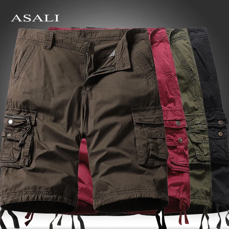 

Мужские повседневные шорты, однотонные хлопковые повседневные пляжные брюки-карго для инструментов, прямые шорты, мужские военные тактиче...