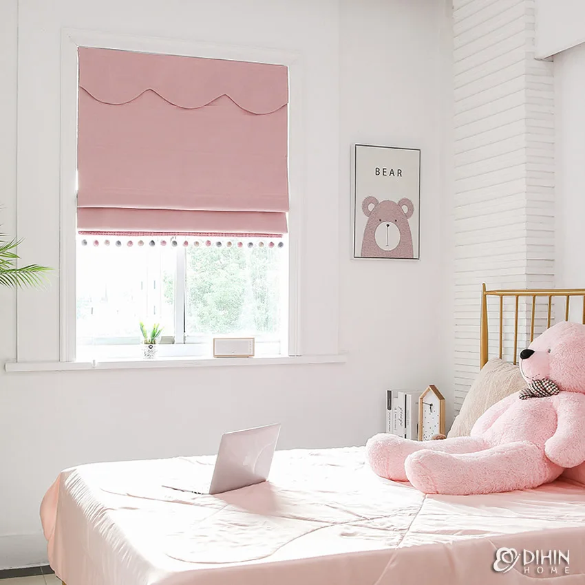 

Cartoon Pink Color Customized Roman Shades With Colorfu Pompom Balls Window Drapes For Living Room Included Mechanism