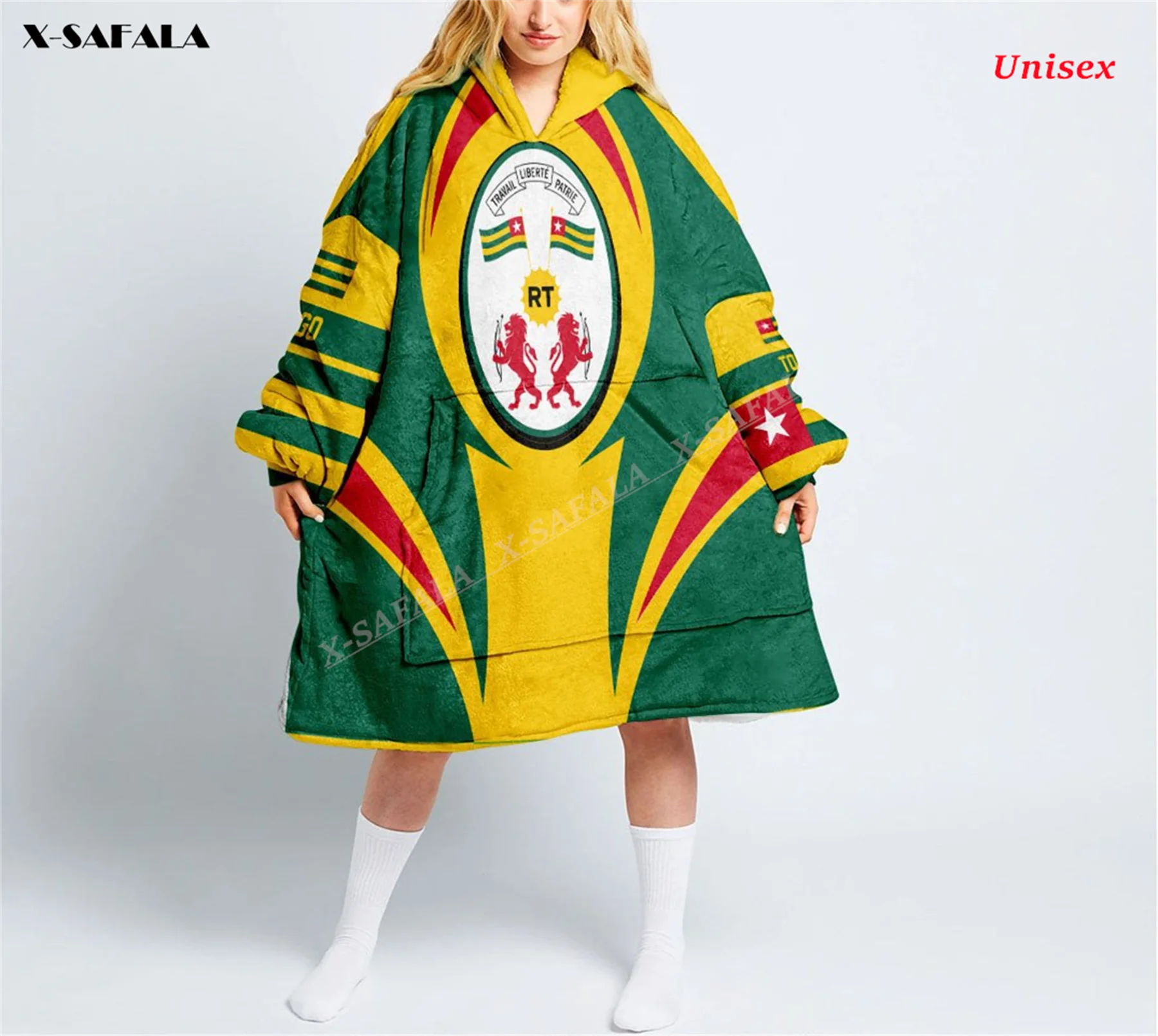 Togo Flag Winter 3D Print Oversized Hooded Wearable Blanket Hoodie Nightgown Flannel Cotton Men Female Nightwear