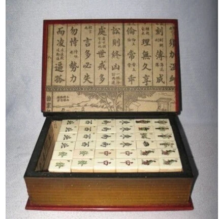 Copper Brass CHINESE crafts decor ation Asian Velho Bonito Mah Jong Set em Caixa De livro De Couro 144 Telhas Telhas/Bambu lojas