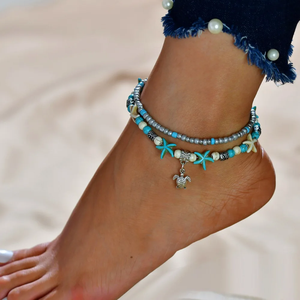 

2022 Bohemian Crystal Stone Anklets Double Beach Foot Chain Conch Starfish Alloy Turtle Pendant Leg Bracelet Women Jewelry