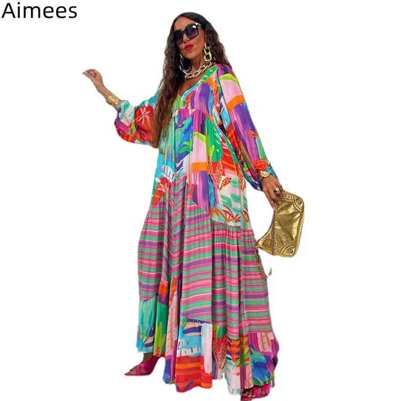 

2022 Autumn Vintage Empired Printing Women Loose Dresses Charming Multicolors Long Sleeves Pleats A Line Party Dress Gowns