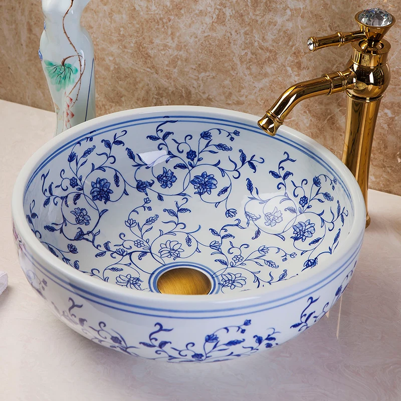 Factory Direct Hand Paint Floral Blue And White Porcelain Ceramic Bathroom Vessel Sink Wash Basin Vanity Top Bowl with Tap Combo