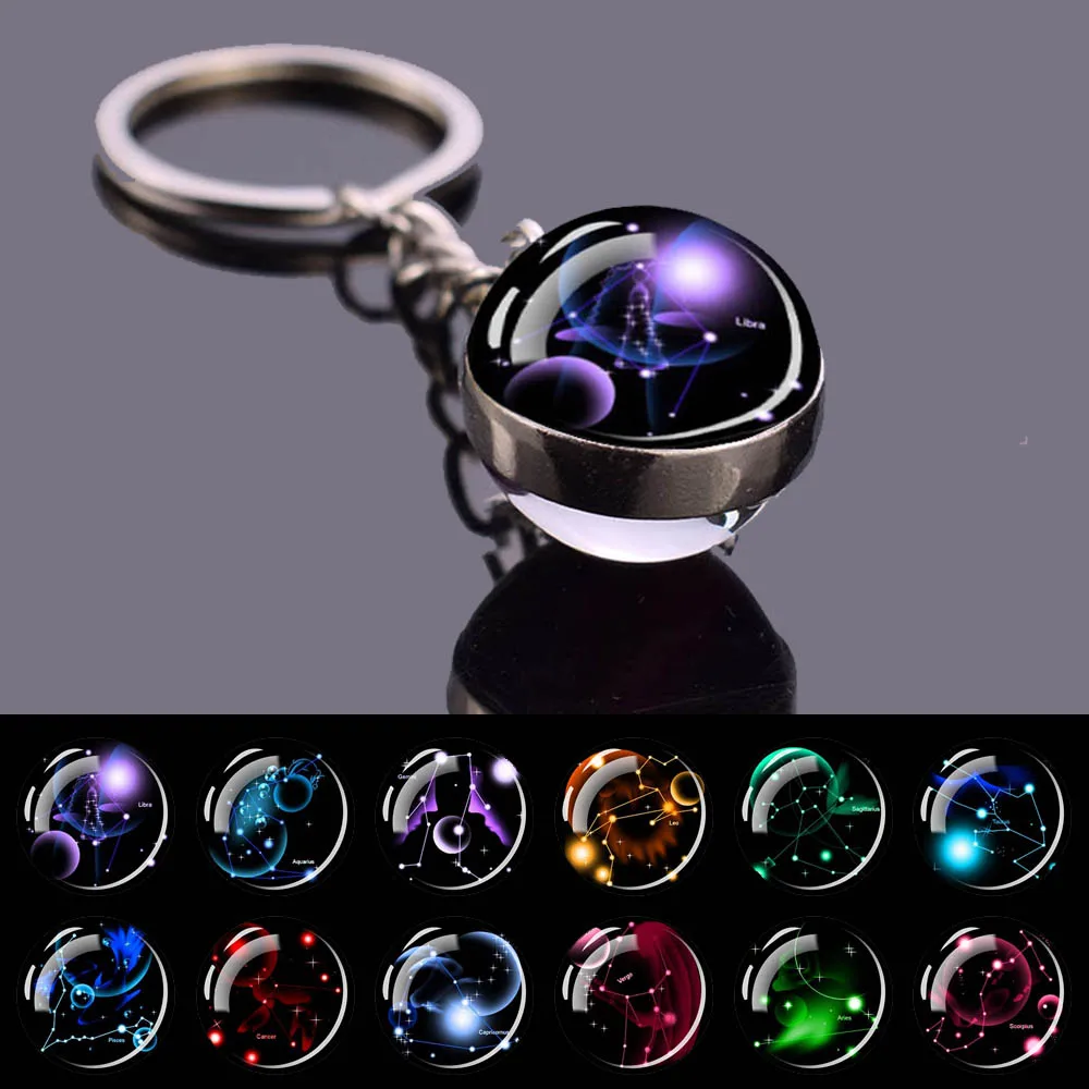 

12 Constellation Keychain Zodiac Starry Sky Key Ring Time Gem Glass Ball Pendant Key Chains Jewelry Accessories Key Chain Gifts