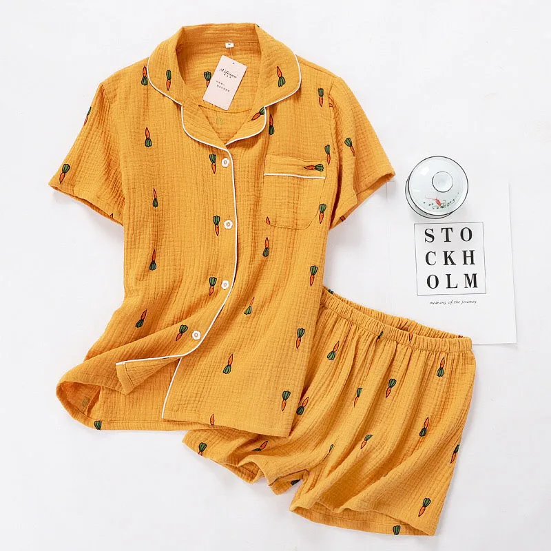2023 women pajamas suits summer comfortable cotton gauze lapel suit Ms. Thin loose cartoon printing household to take