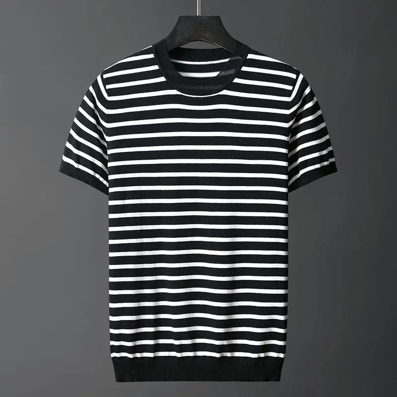 

2023 Summer Stripe Slim Fit Knitted T Shirt Men O-Neck Stretched Tee Shirt Homme Streetwear Fashion Men Casual T-Shirt G47