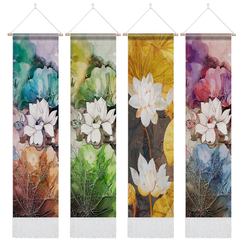 

Lotus Flower Tapestry Vertical Tapestry Wall Hanging Watercolor Floral Tapestries with Tassel for Home Decor 12.8x 51.2 Inches