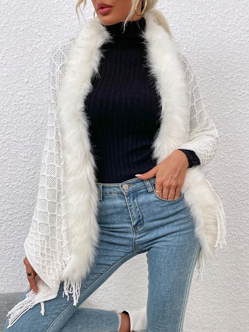 Europe and the United States 2022 autumn and winter new light luxury senior fur collar tassel elegant shawl sweater jacket