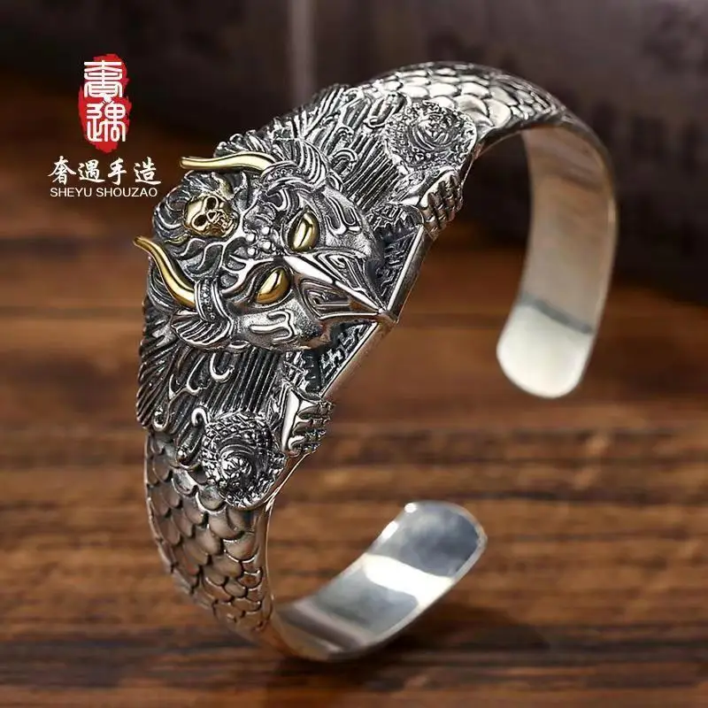 Golden Cudgel bracelet male sterling silver 999 strong Retro Opening  Bracelet Xiangyun Silver