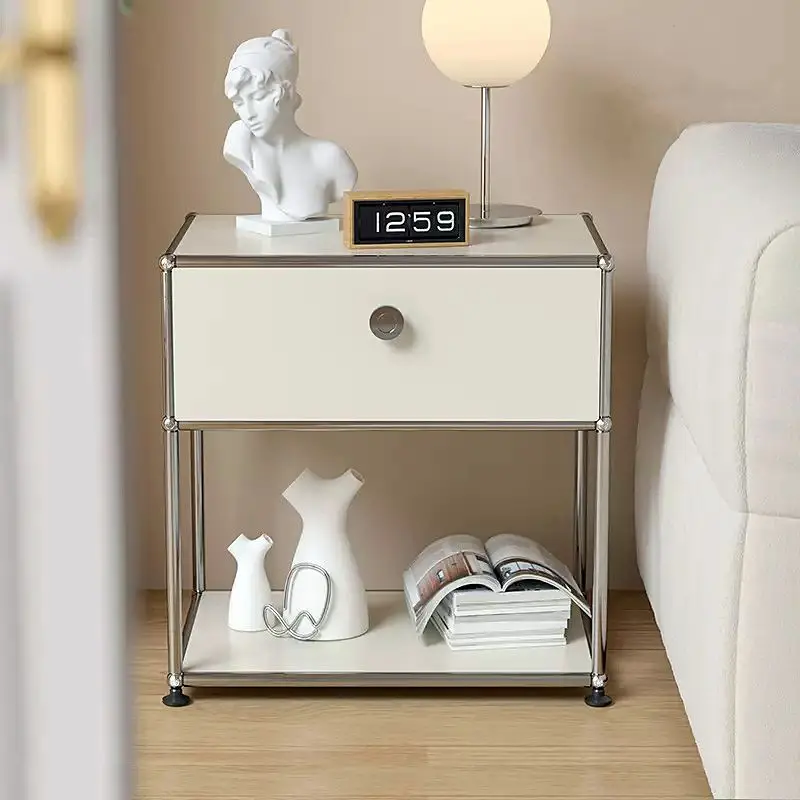 

Stainless Steel Bedside Table Bedroom Modern Simple Shelving TV Side Cabinet Complete Storage Rack
