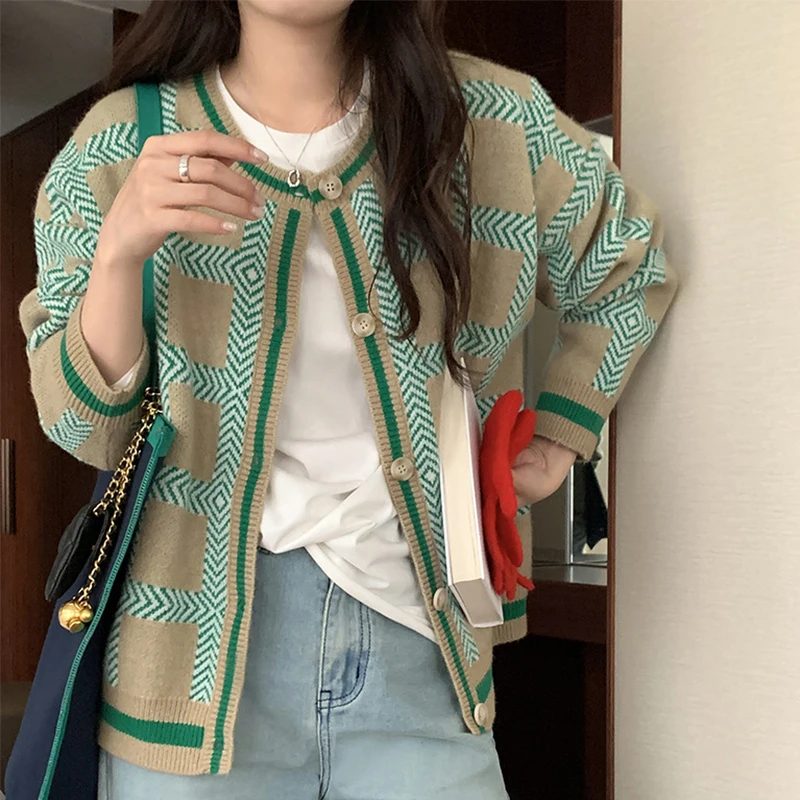 

Женский вязаный кардиган в стиле ретро, свободный свитер в клетку, модель 2022 в Корейском стиле на осень, 2022