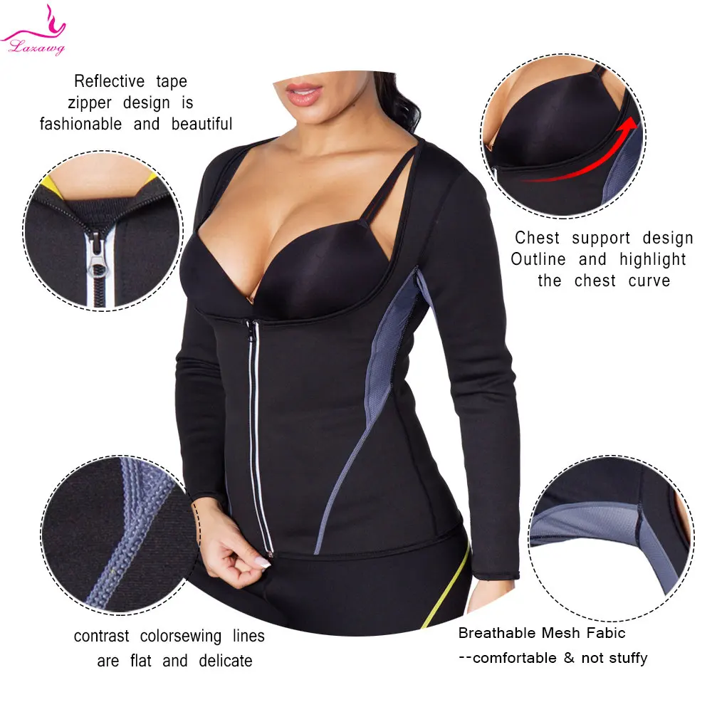 LAZAWG Sauna Top for Women Weight Loss Long Sleeve Slimming Shirt Fat Burners Waist Trainer Ladies Body Shaper Workout Sport Gym