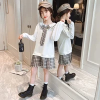 2022 new summer baby girl dress clothes teenager sweater necktie t shirt fake two piece plaid skirts 3 4 5 6 7 8 9 10 12 year