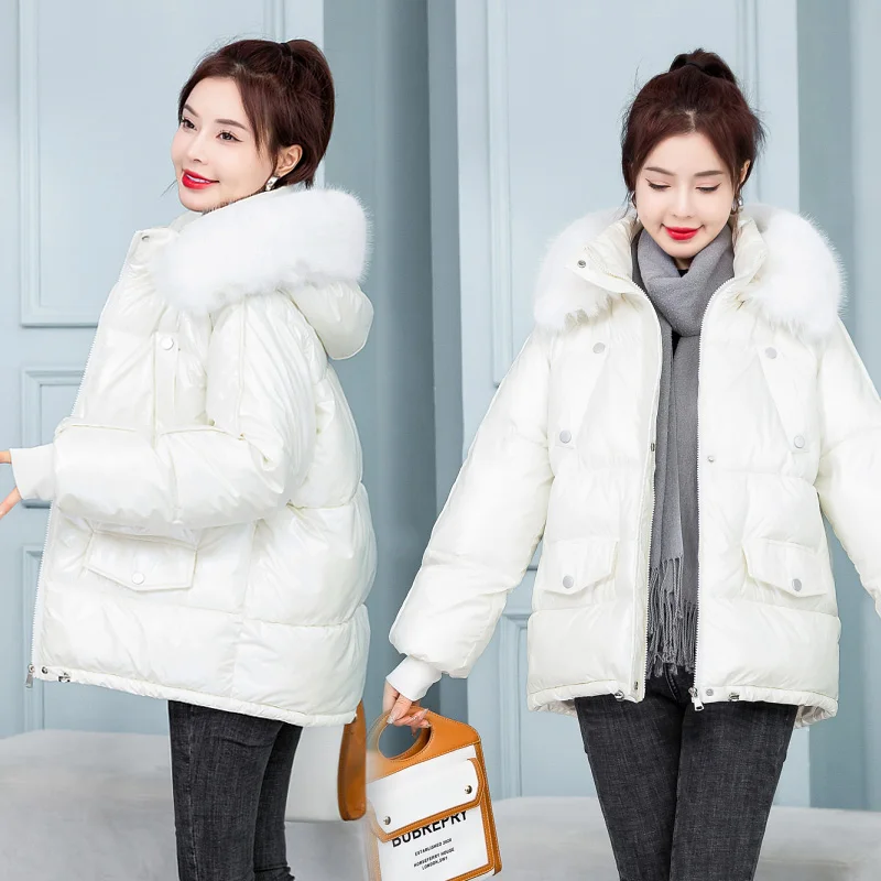 2022 New Warm Thicken Loose Down Jacket Women Winter Short Jacket Hooded Fur Collar Cotton Coat Bright Female Parkas Basic Coat