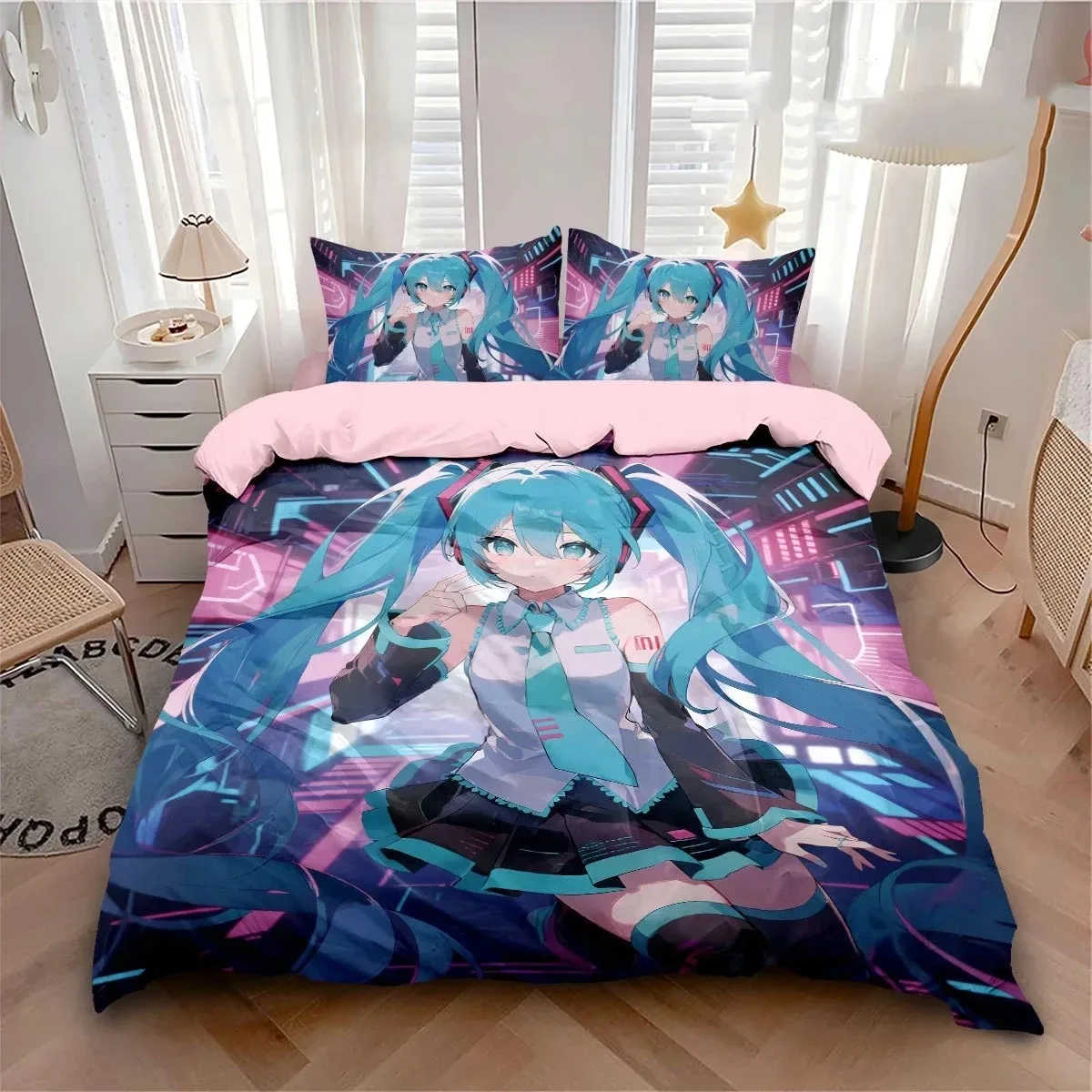 Фото Комплект постельного белья с 3D-принтом в стиле японского аниме Hatsune Miku, комплект пододеяльников для девочек в стиле Kawaii, размеры: Single, Twin, Full, Queen, King №2