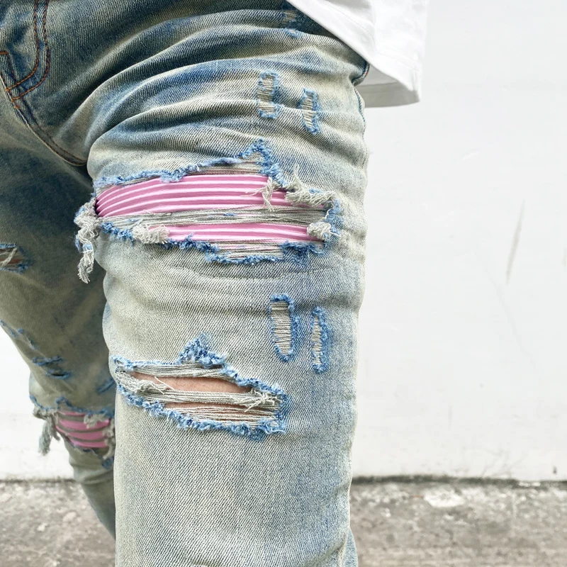High Street Fashion Men Jeans Retro Blue Stretch Skinny Fit Hole Ripped Jeans Men Patched Designer Hip Hop Brand Pants Hombre