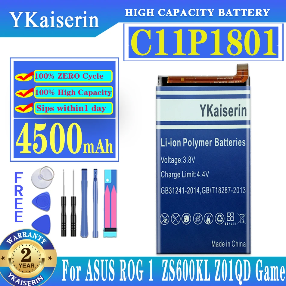 

Аккумулятор ykaisсеребристый большой емкости для ASUS C11P1801 ZS600KL Z01QD, батарея для телефона ASUS ROG 1 ROG1, батарея 4500 мАч + Инструменты