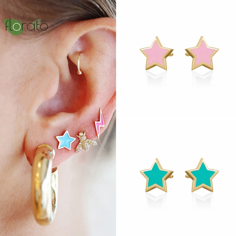 

925 Sterling Silver Needle Candy Color Star Enamel Earrings for Women 2022 Luxury Jewelry Delicate Stud Earrings Cute Gifts