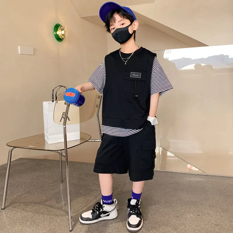 Teenager Boys Summer Sports Suits 2022 New Children's Two-piece Clothing Set Kids Cotton T-shirt And Shorts Two Pieces Outerwear
