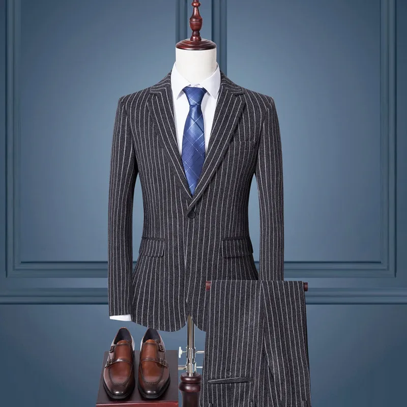 

2023 newmale Korean version of the slim (suit + trousers) fashion business casual suit vertical stripes tweed suit two-piece set
