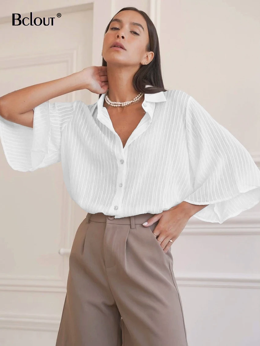 

Bclout White Cotton Blouses Woman 2022 Summer Flare Sleeve Loose Jacquard Top Elegant Stripe Single Breasted Shirt Women Holiday