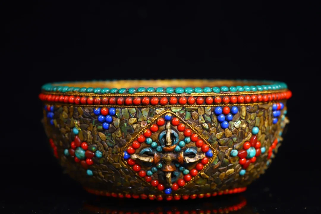 

6"Tibetan Temple Collection Old Yak Bone Mosaic Gem gZi Beads Shell figure Sacrificial Buddha Bowl Amulet Dharma Town house