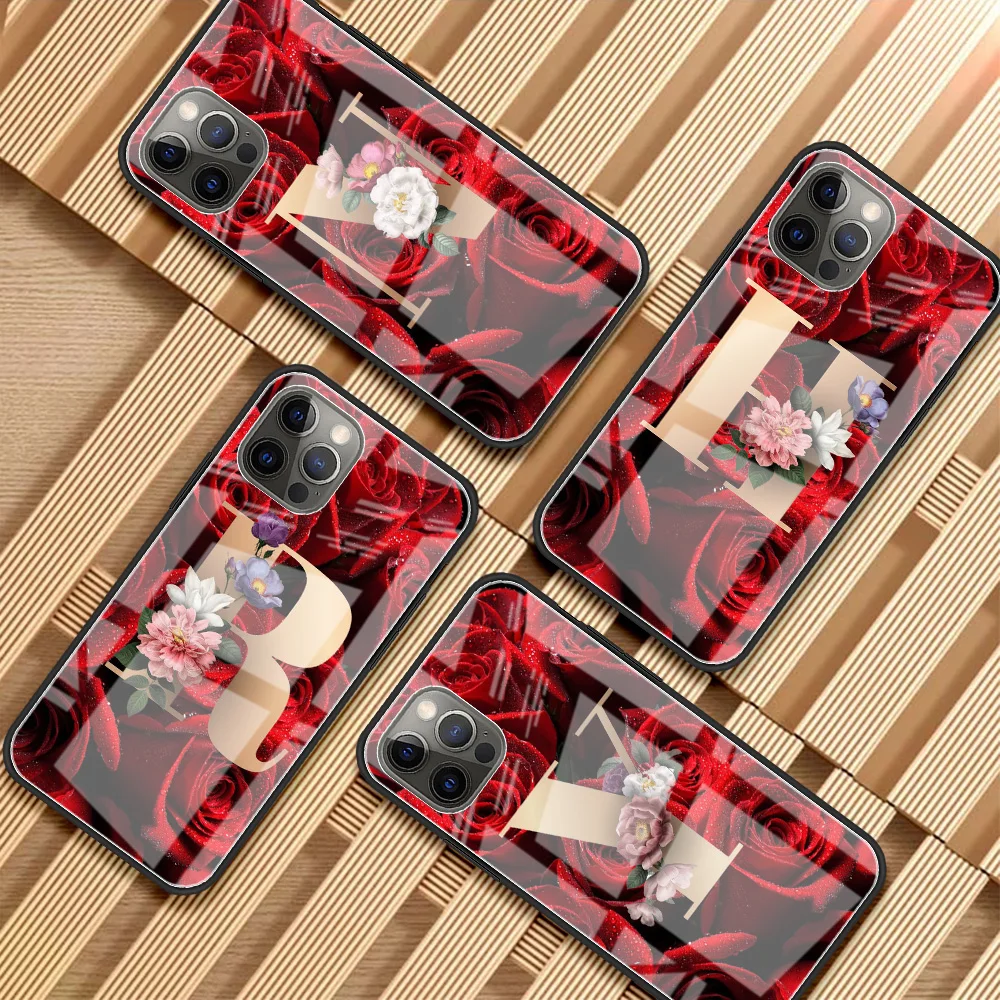 

Glass Phone Case for Apple iPhone 13 Pro Max 11 12 Mini 8 7 Plus XR X XS SE Antiscratch Funda Cover Red Rose Flowers Letters A