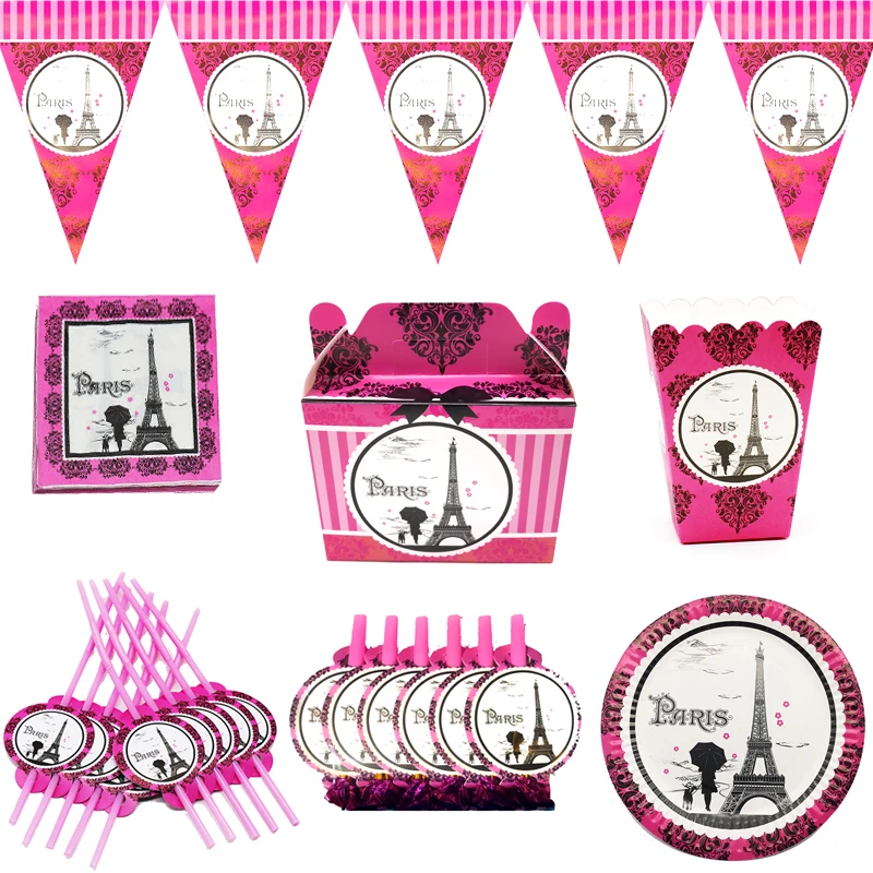 

74pcs/lot Eiffel Tower Theme Birthday Party Napkins Plates Decorate Straws Blowouts Popcorn Candy Boxes Girls Kids Favors Banner